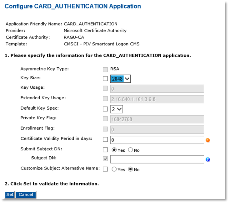 Configure CARD_AUTHENTICATION Application dialog box with various fields to be completed, as well as a Set and a Cancel button at the bottom